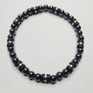 NWT Mens Shiny Grey Hematite Stone Black Clay Spacer Stretch Bracelet – S, M, L